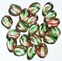 20 14x11mm Green & Pink Twisted Flat Oval Beads